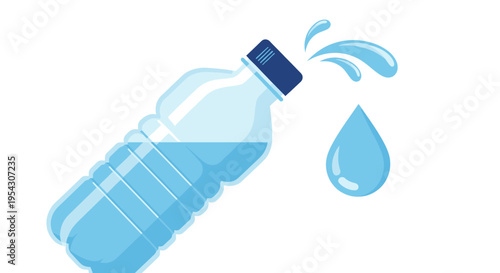 A blue plastic bottle with a cap, tilted and spilling a single drop of clear liquid, illustrating hydration and refreshment