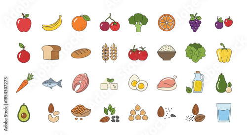 A vibrant collection of healthy food icons representing a balanced diet with fruits, vegetables, grains, proteins, and dairy