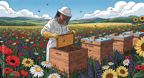 A beekeeper in protective gear inspecting a beehive in a vibrant field of flowers on a sunny day.