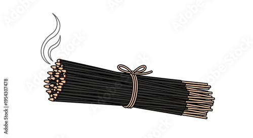 Bundle of lit incense sticks with smoke rising, tied with twine, isolated on a white background