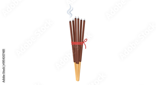 A bundle of incense sticks tied with a red ribbon, with smoke rising from the top, on a white background