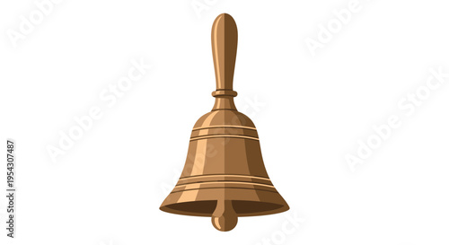 Detailed illustration of a classic golden brass hand bell featuring a polished wooden handle, a traditional signaling device perfect for schools, events, or decorative purposes