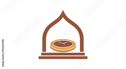 Minimalist graphic illustration of a sacred archway encasing a golden circular emblem, representing ancient traditions, treasured heirlooms, and the passage of time within a revered setting