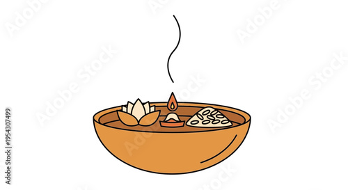 A serene depiction of a floating lotus flower, lit candle, and grains in a traditional vessel, symbolizing peace and spiritual rituals