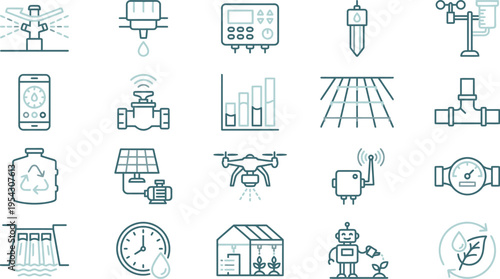 Line icons representing smart farming, precision agriculture, irrigation systems, and water management technology solutions.