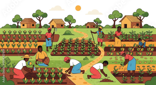 A vibrant illustration of people working together in a lush farm field with houses and trees in the background.