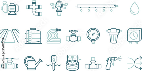 Various blue and teal line icons depicting water management, irrigation, agriculture, and gardening equipment.