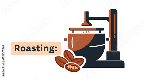 A vector graphic illustration of a coffee roaster machine with coffee beans, representing the coffee roasting process in a modern and minimalist design style.