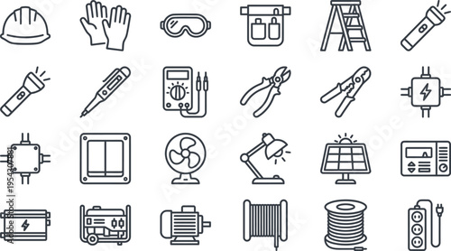 Collection of essential electrical tools and safety equipment icons representing power and maintenance work.