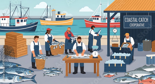A vibrant illustration of a bustling coastal fishing cooperative with people working together to prepare fresh seafood.