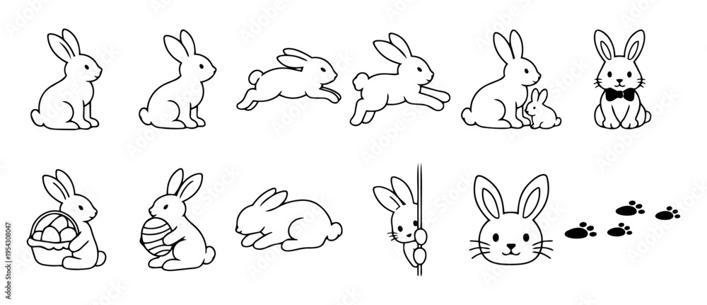 Obraz premium Cute Bunny Outline Set, Easter Rabbit Line Art Icons Collection, Cartoon Bunny Poses and Spring Clipart Vector
