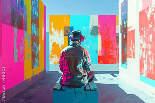 Vibrant abstract urban mural digital street art on wall with man sitting on bench in outdoor public space 