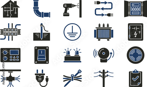Illustrative glyph icon set featuring essential electrical, smart home, and construction components and tools.