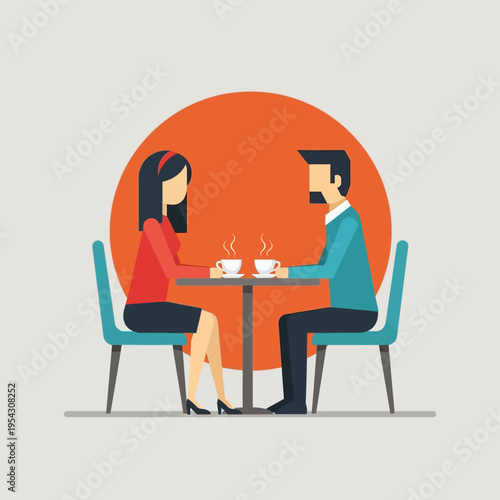 Couple enjoying coffee date at cafe table, romantic atmosphere, flat design