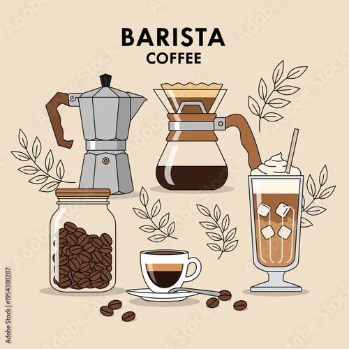 Barista Coffee Making Tools and Drinks: Espresso, Iced Coffee, Moka Pot, Pour Over