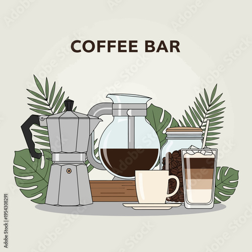 Coffee Bar Setup: Moka Pot, Carafe, Beans, Cup, and Layered Drink with Tropical Leaves