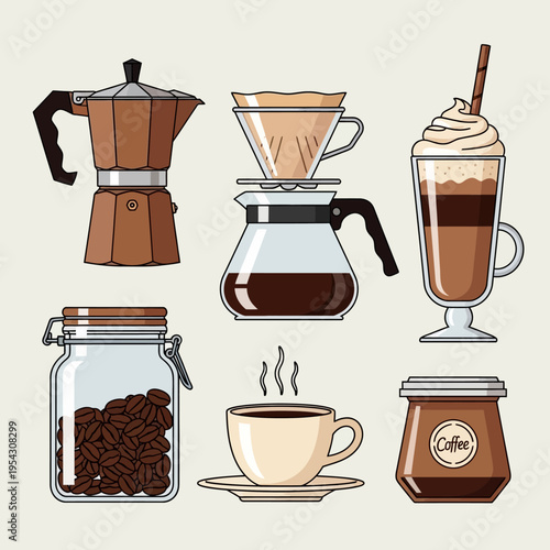 Coffee brewing and serving collection: Moka pot, pour-over, latte, beans, cup, jar