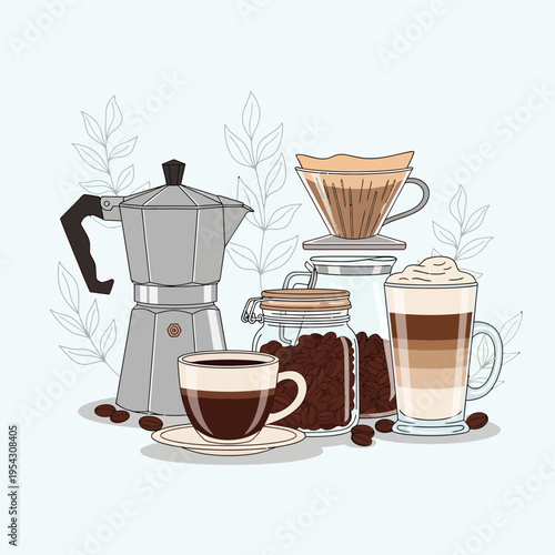 Coffee brewing tools and drinks: moka pot, pour over, espresso, latte, coffee beans