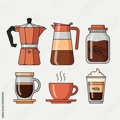 Coffee Making and Serving Collection: Moka Pot, Carafe, Jar, Mug, Cup, and To-Go Cup