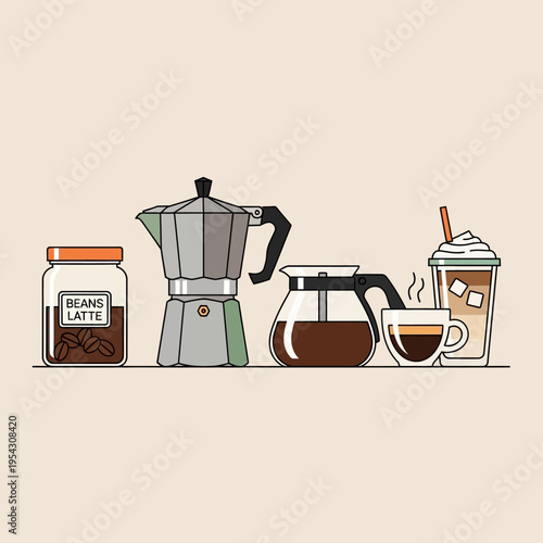 Coffee Making Essentials: Beans, Moka Pot, Drip Coffee Maker, Espresso Cup, Iced Coffee