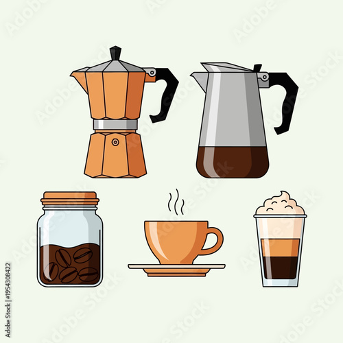 Coffee Making And Serving Set: Moka Pot, French Press, Coffee Beans, Cup, And Drink