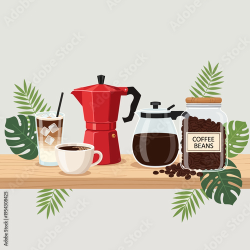 Coffee Making Essentials: Moka Pot, Beans, Brewed Coffee, and Iced Drink