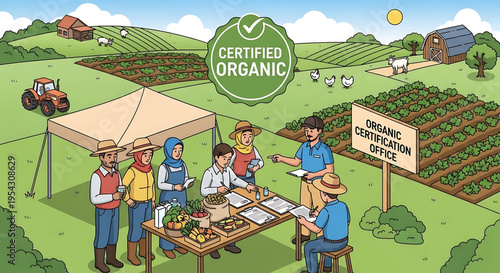A group of farmers and inspectors gather at an organic certification office in a lush green field, surrounded by crops and livestock, to discuss and verify the quality of their produce.