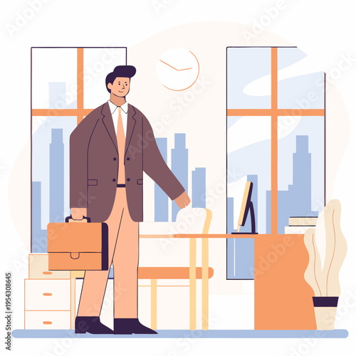 Businessman Arriving at Office with Briefcase Illustration