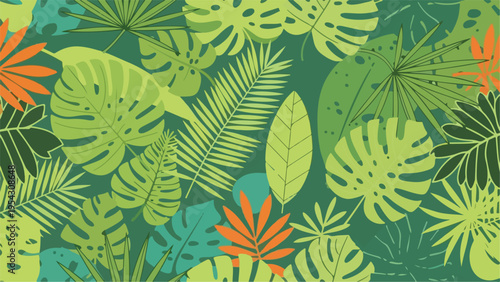 A lush, overlapping collection of stylized, tropical leaves