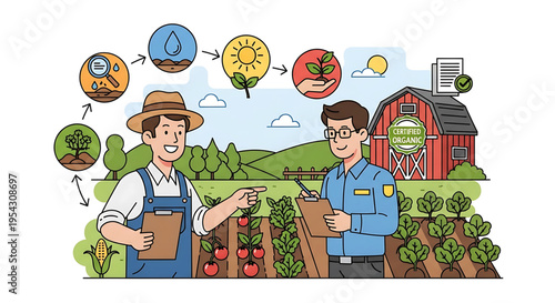 Two farmers in a field discussing sustainable agriculture practices with a red barn and icons representing growth and environmental factors in the background.