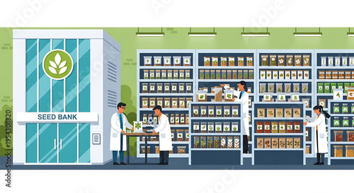 Scientists in lab coats work in a seed bank with shelves of various seed packets and a large storage unit.