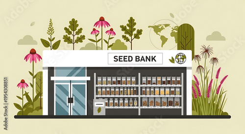 A colorful vector illustration of a seed bank storefront with a variety of plants and flowers surrounding it.