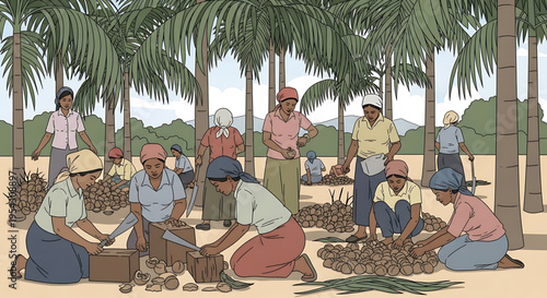 A group of people working together in a tropical setting to harvest coconuts from a palm tree plantation.