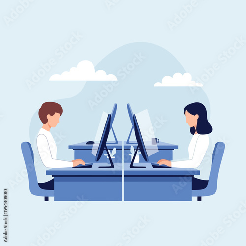 Office workers maintaining social distance at desks with computer screens