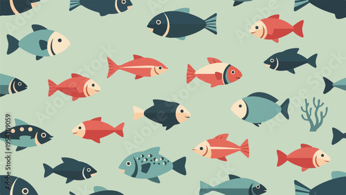 A pattern of colorful cartoon fish swimming across a subtle green surface