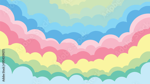 A pastel-colored illustration featuring layers of stylized clouds