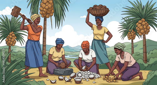 A vibrant illustration of women working together in a tropical setting, harvesting and processing coconuts in a lush green environment.