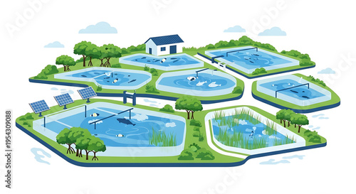 A vector graphic illustration of a modern water treatment plant with solar panels and a house in a serene natural setting.