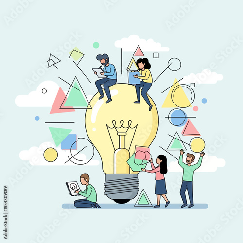 Teamwork and creativity: people collaborate around a giant light bulb idea