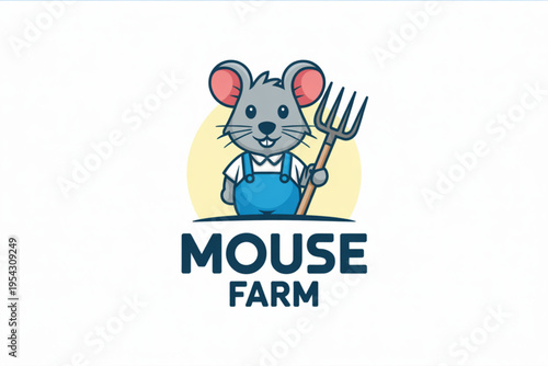 A cute cartoon mouse farmer wearing blue overalls and holding a pitchfork for a farm logo design Vector