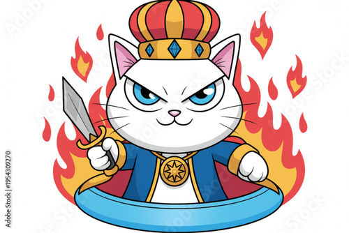 A fierce white cat king character wearing a golden crown and blue cloak while holding a sharp sword Vector
