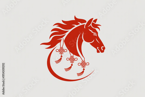 Stylized red horse head illustration with traditional chinese decorative knots and hanging tassels Vector