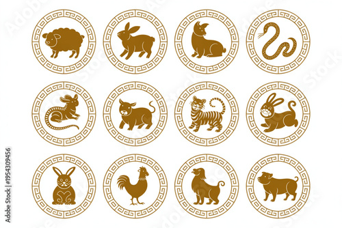 A collection of twelve golden circular emblems featuring traditional chinese zodiac animal signs Vector