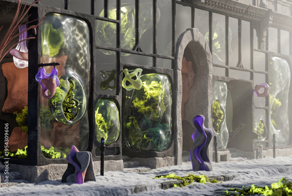 Obraz premium Abstract architectural structure displaying organic forms and vibrant green biological elements in a conceptual environment