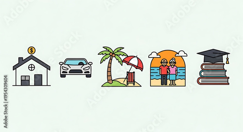 A colorful vector graphic illustration of various life goals and achievements, including a house, car, vacation, and education.