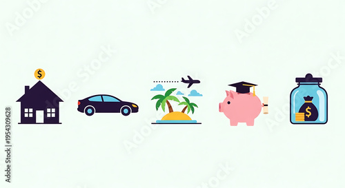 A colorful vector graphic illustrating various financial goals, including a house, car, vacation, education, and savings.