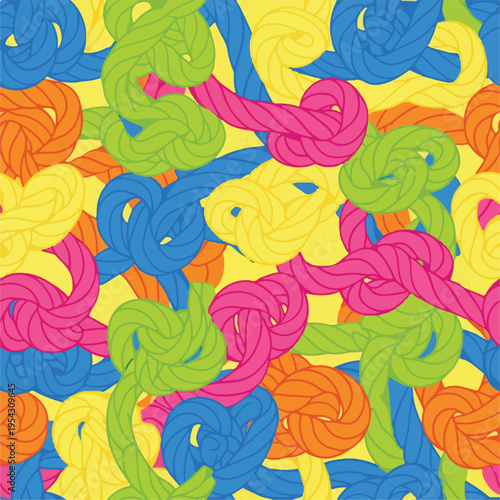 A seamless, vibrantly-colored pattern of knotted ropes on a yellow background