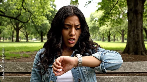 Young woman sitting on park bench.