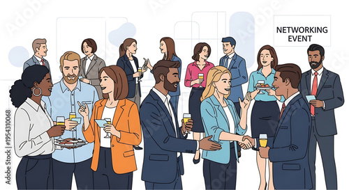 A group of business professionals networking and socializing at a corporate event