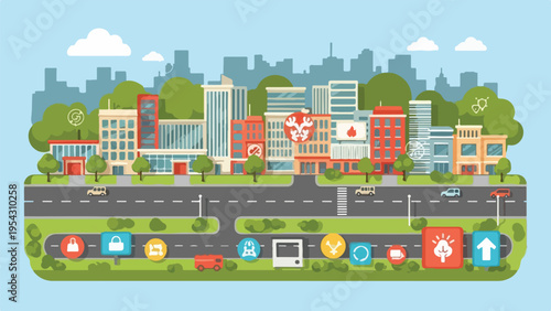 A stylized cityscape illustration with buildings, road, vehicles, and icons